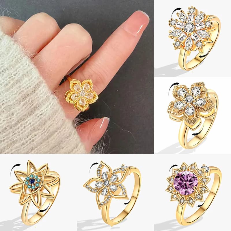 Anello antistress Ansia in cristallo di girasole Anelli Fidget Spinner regolabili per le donne Anelli rotanti in metallo Sakura Anelli Mujer