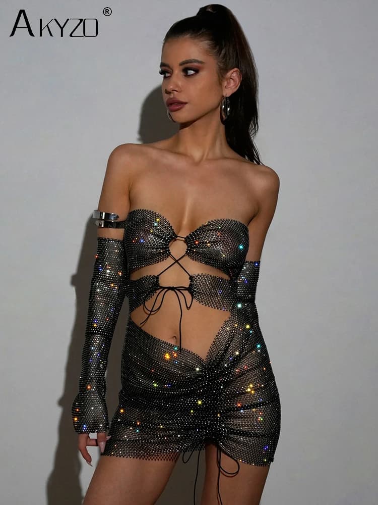 Donne Sexy 2 pezzi Set senza spalline strass diamante Backless Crop Top Chic Split minigonna Clubwear Party Rave Festival outfit