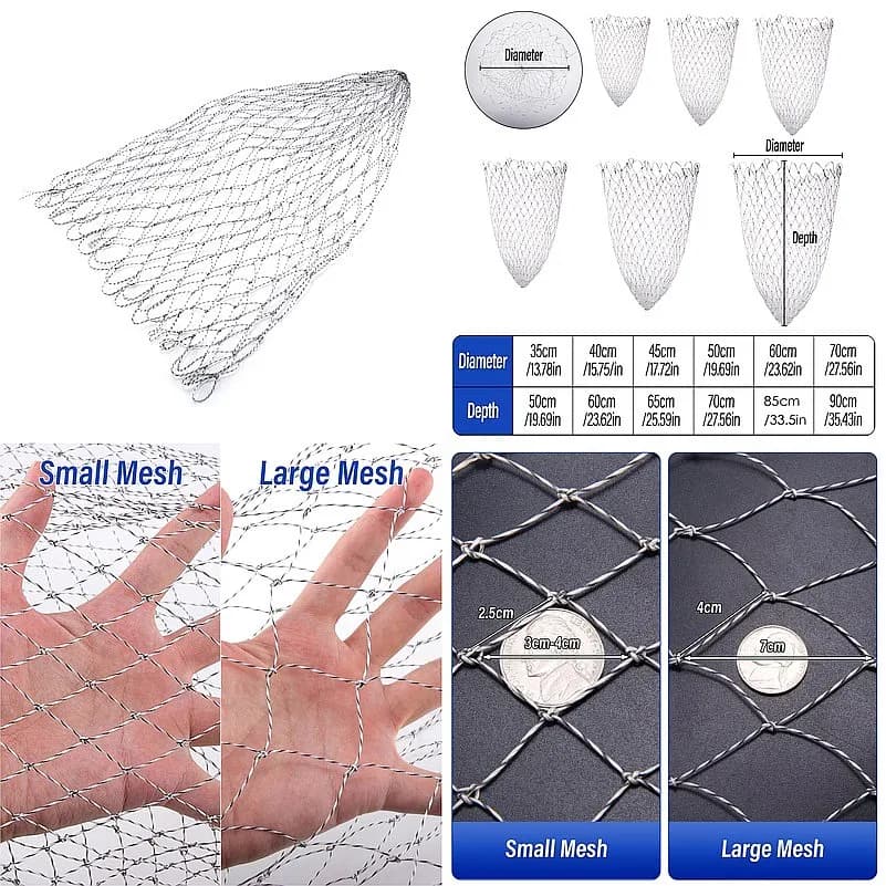 Fishing Replacement Net Small/Large Hole Fishing Landing Net Mesh Dia 35/40/45/50/60/70cm Collapsible Hole Folding Dip Fish Net