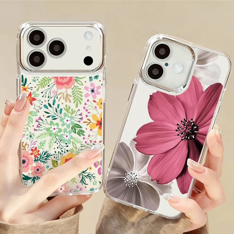 Custodia Floreale per iPhone 17 Pro Max, iPhone 16, 15, 14, 13 Pro Max, 11, 17e, 16e con Cornice Lente Placcata, Cover Posteriore Morbida in Silicone Trasparente