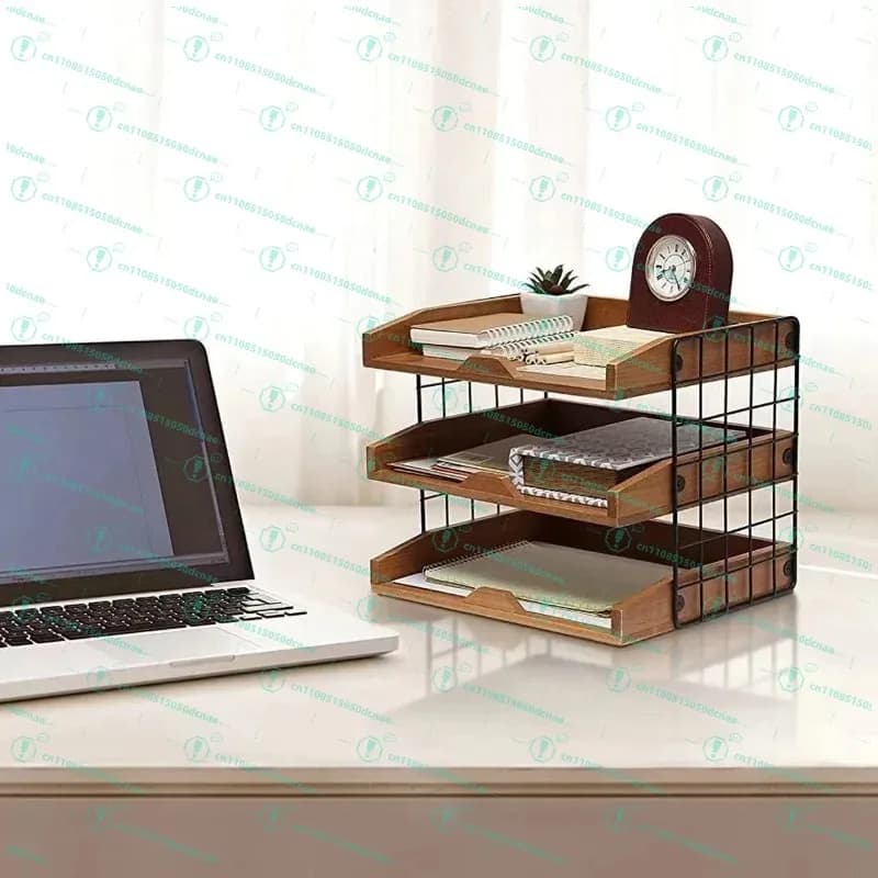 Wooden wrought iron file storage box office supply desktop multi-layer drawer file folder wooden storage rack