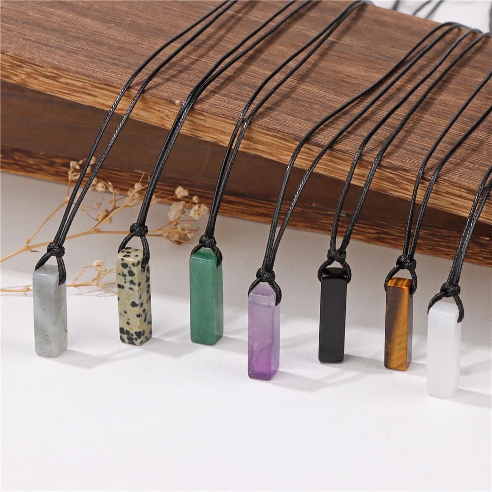Retro Long Rectangle Stone Pendent Necklace Natural Stone Tiger Eye Obsidian Gem Leather Rope Necklace Vintage Men Jewelry Gift