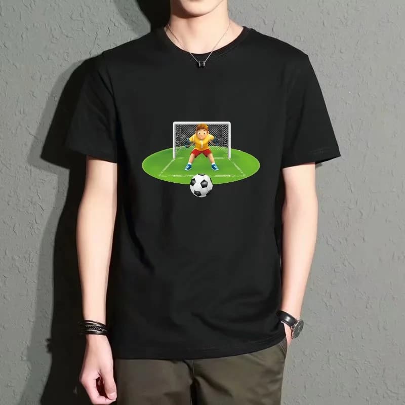 Men's Black Round-Neck Short-Sleeved T-Shirt, Football Goalkeeper Print Casual Top, Loose Fit, Versatile for Everyday Wear, Breathable and Comfortable, Trendy Streetwear Item