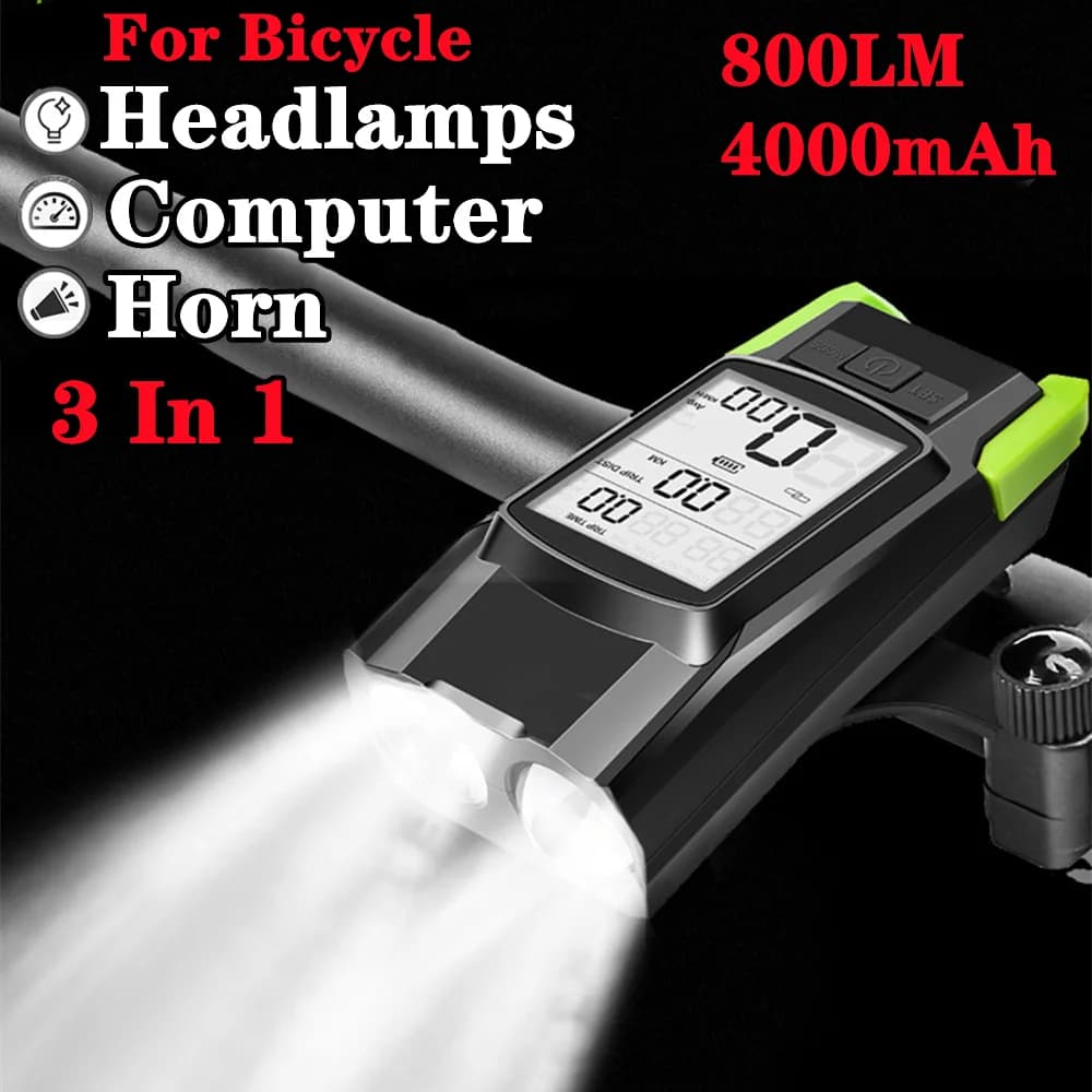 800LM Bike Headlight Speedometer Horn 3 in 1 Rechargeable Bicycle Front Lamp Cycling Computer MTB Light Flashlight Waterproof