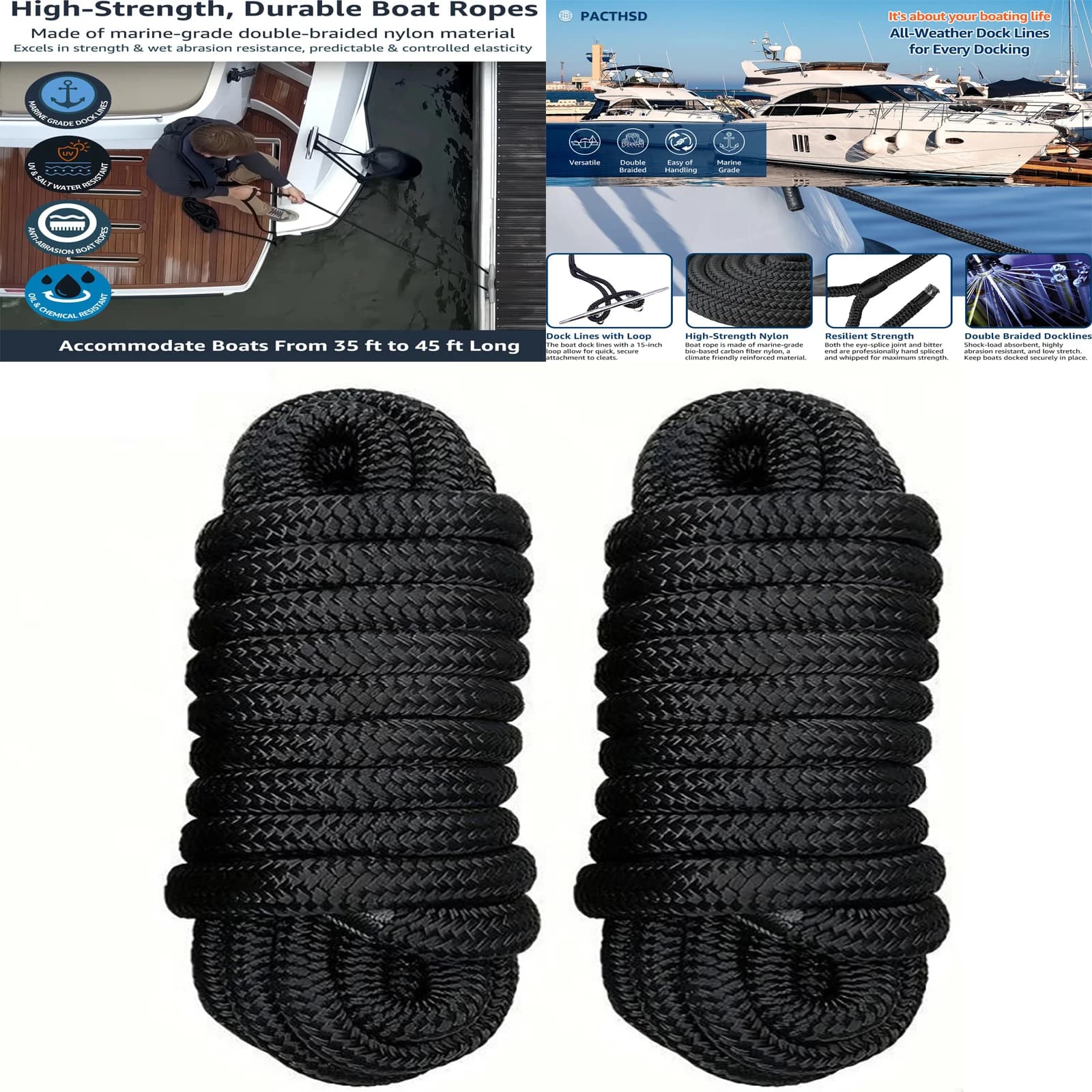 4.6m/15ft Black Boat Dock Lines Heavy Duty Dock Mooring Rope Boat Anchor Rope Marine Grade for Yacht Fishing Boat Nylon Line