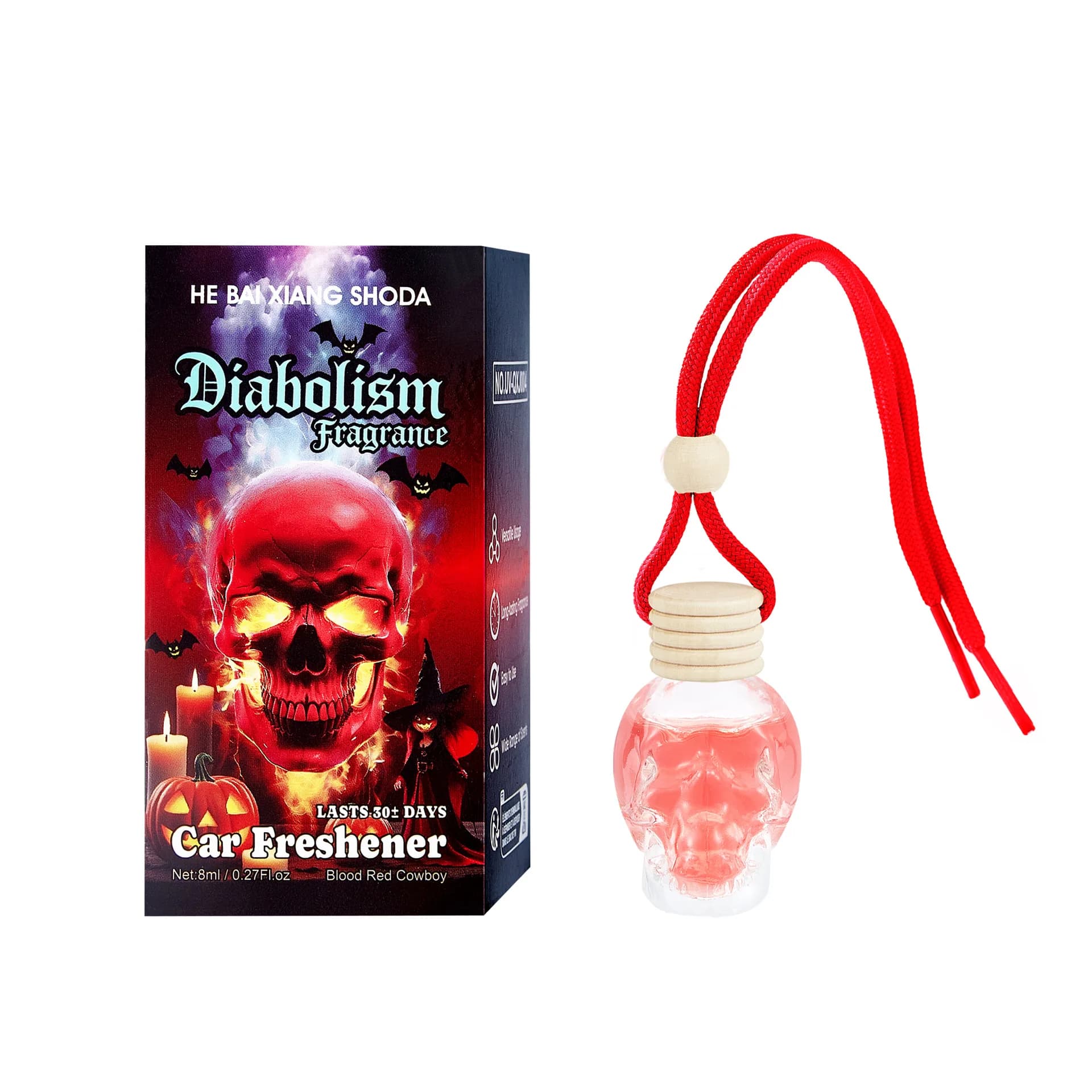Skull Car Air Freshener Hanging Bottle 8ml Wooden Cap Perfume Diffuser Halloween Gothic Vehicle Mirror Ornament Auto Decor Gift