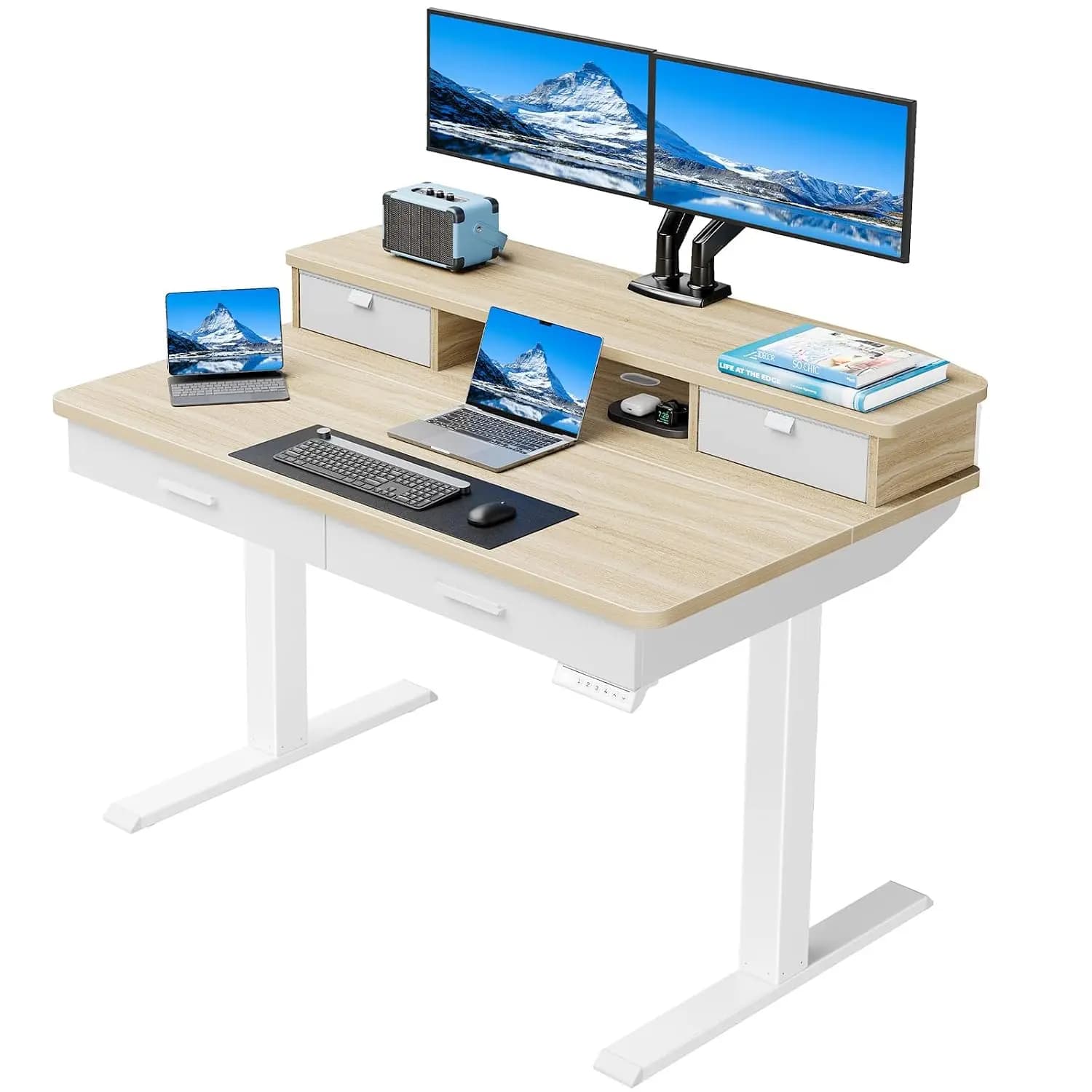 Electric Standing Desk 4 Drawers 48x30in Desktop Cable Tray Monitor Mount Grommet 27.9-46.8in Home Office Customized