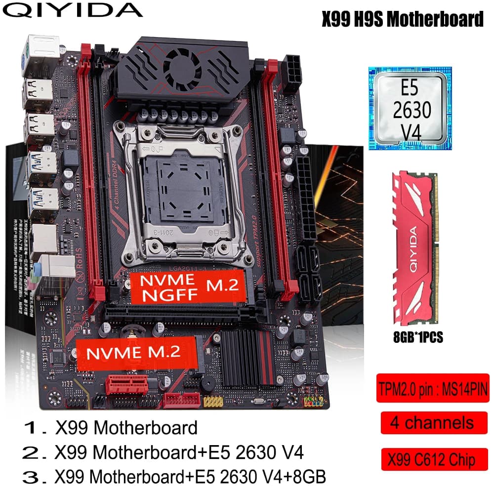 Kit scheda madre QIYIDA X99 H9S con CPU LGA2011-3 Xeon E5 2630 V4, memoria DDR4 da 8 GB, interfaccia NVME M.2 TPM 2.0, SATA3
