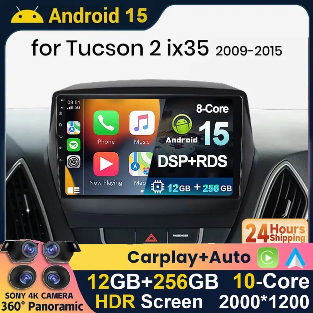 Android 15 For Hyundai Tucson 2 ix35 2009 - 2015 Autoradio 4G BT GPS Carplay 2K QLED Stereo Screen