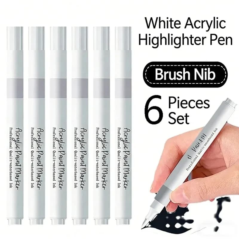 Set di 6 Pennarelli Acrilici Bianchi e Neri, Penne Permanenti a Pennello per Carta Nera, Pneumatici, Plastica, Pietra, Pittura, per Principianti
