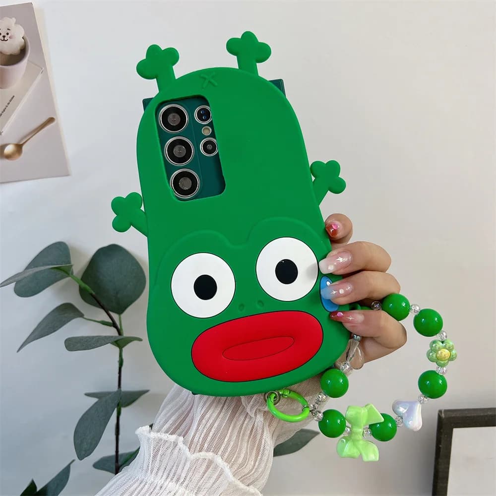 Weird Cute Embarrassed Sweat Frog Bead Chain Phone Case for 17 Pro Max 3D Cartoon Fruit Soft Silicone Cover for iPhone 16 15 14
