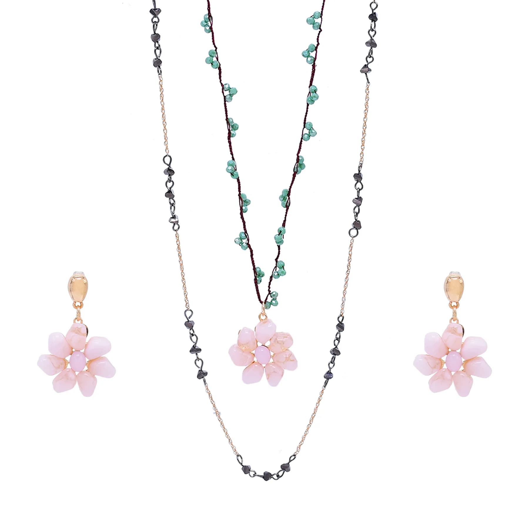 New Trending Pink Flower Pendant Necklace Earrings for Women Handmade Green Seed Bead Chain Multi Layer Necklaces Jewelry Set