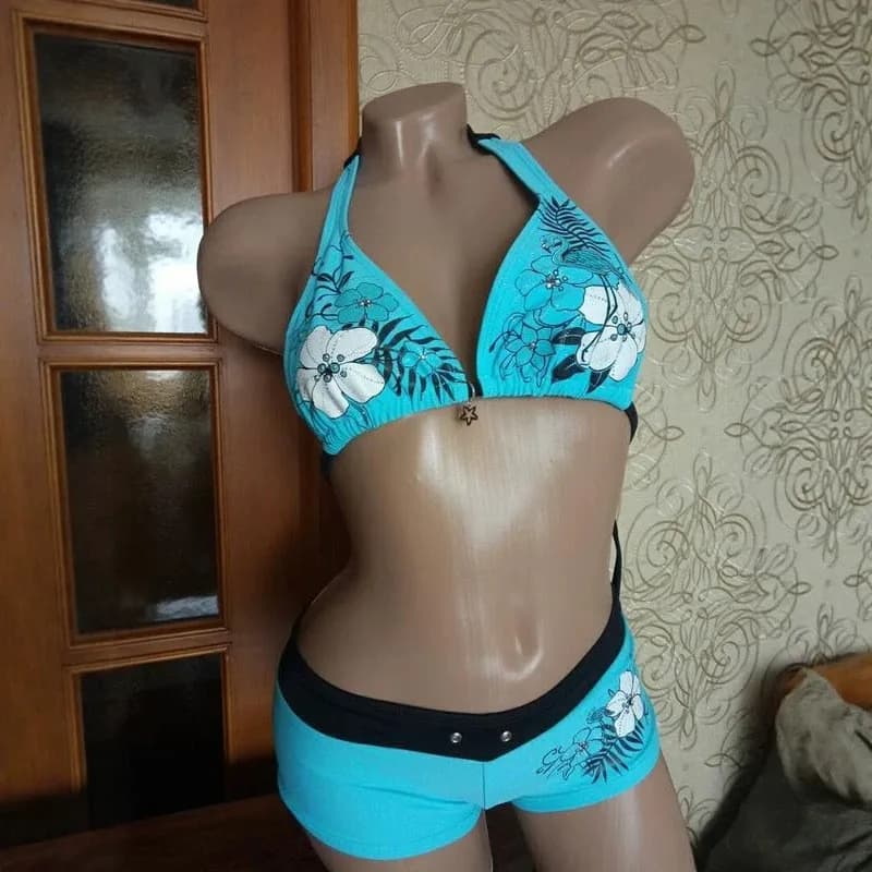 Costume da Bagno Sexy alla Moda, Stile Casual con Stampa Floreale a Contrasto, Top e Shorts a Due Pezzi, Bikini Estivo Americano per Vacanze