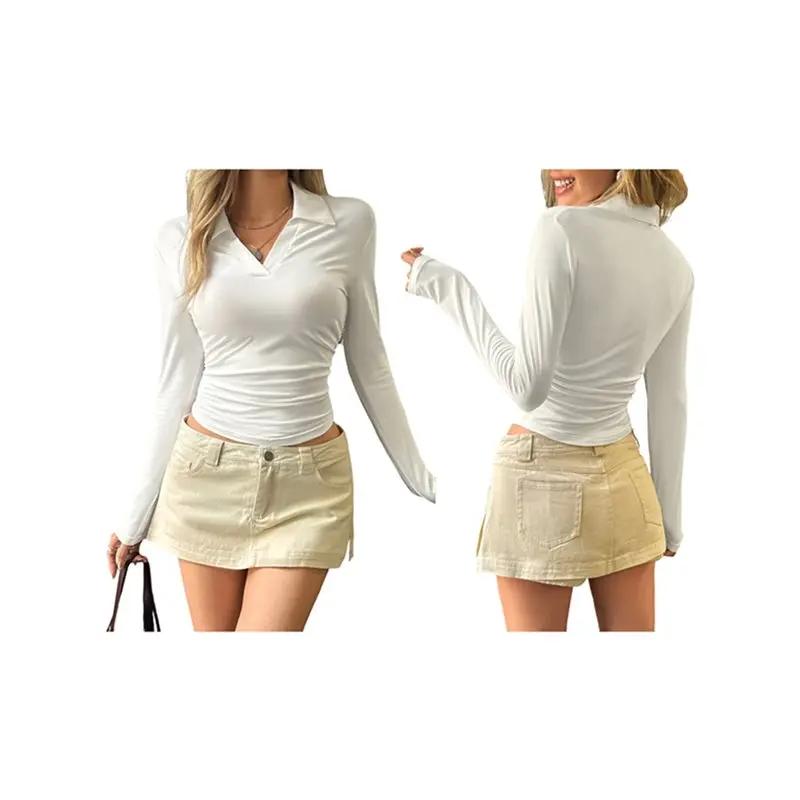 CYL-Camicie a maniche lunghe da donna, top casual da lavoro, camicetta aderente con colletto e scollo a V