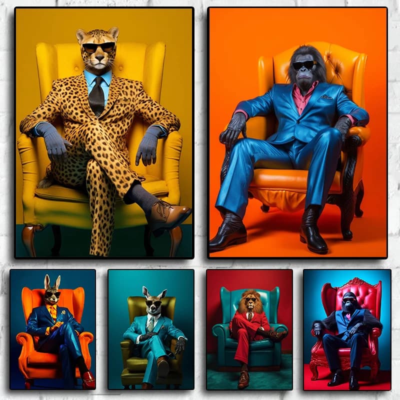 Funny Elegant Animals Cool Cheetah Gorilla Zebra with Suit Pop Wall Art Poster Print Canvas Painting for Living Room Home Dec