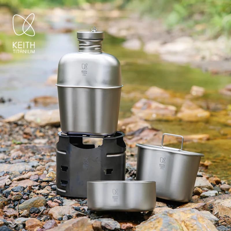Keith Campsite Kitchen Set in Titanium All-in-One: 1.1L kettle, 700ml pot, 350ml cup with Ultralight Camping Stove