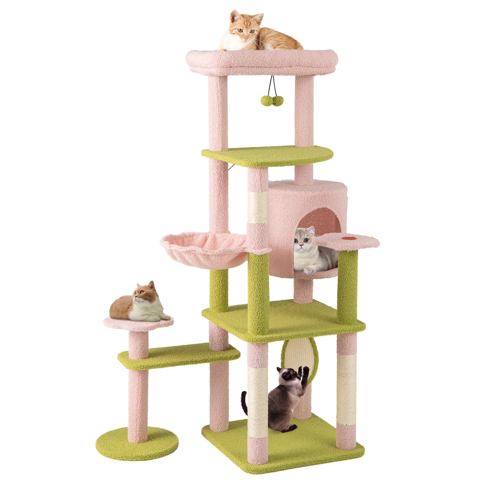 Albero per gatti in peluche da 58 pollici Albero da arrampicata floreale Torre per gatti multilivello con cestino rotondo
