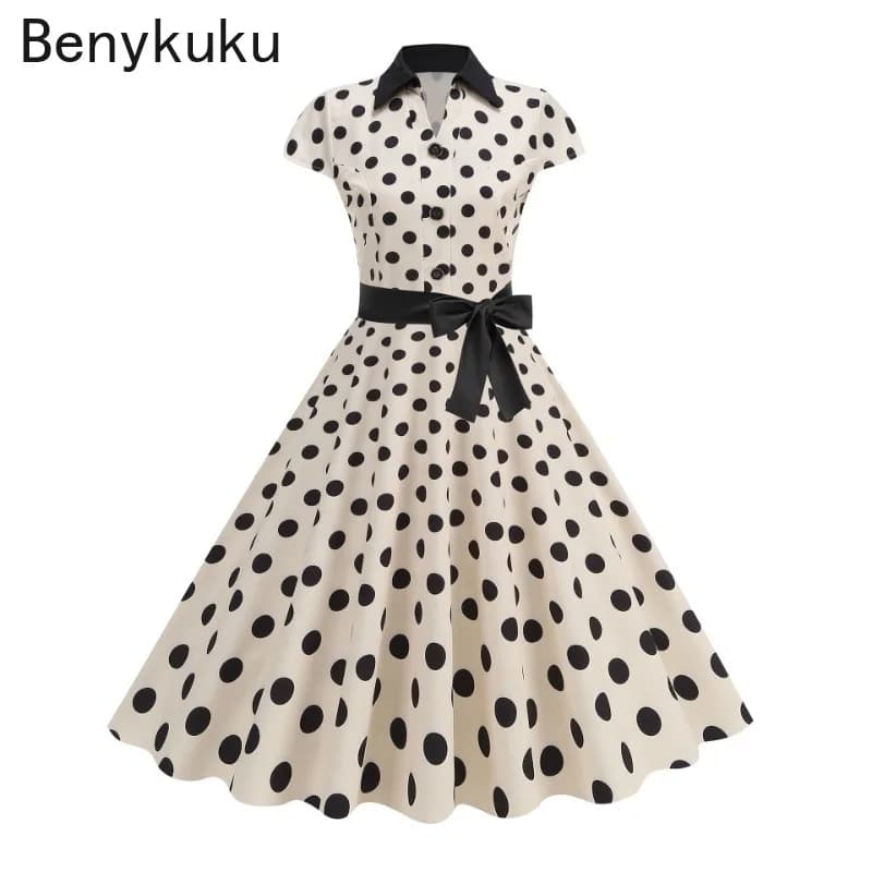 Abito estivo a pois 2025 Donna Hepburn Vintage Rockabilly Pin Up Abito Robe Femme Con cintura Casual Retro Elegante Vestito estivo da festa