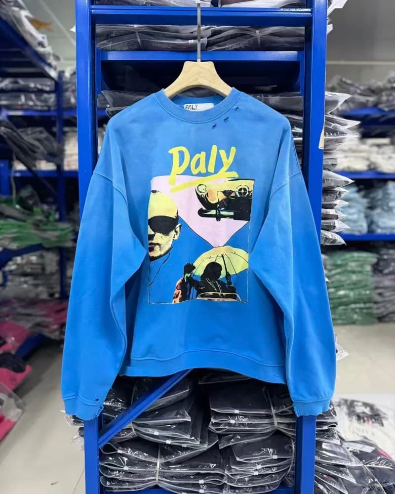 Paly SS26 Winter Blue Oversized Drop-Shoulder Heavy Vintage Crewneck Washed Hip-Hop Men's Women's Distressed Sweatshirt