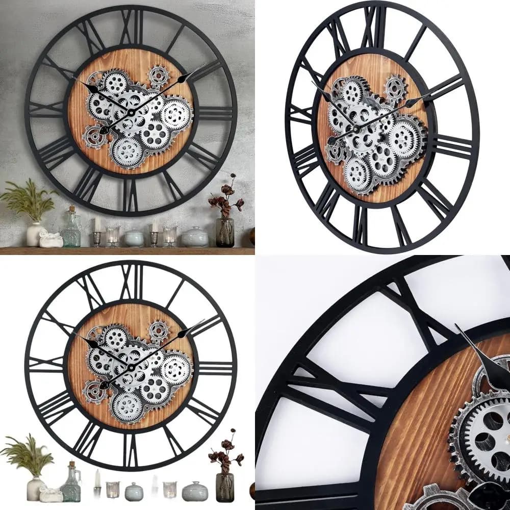 Wall Clock with 23 Inch Furniture Gears, Large Wall Clock Wood Steampunk Style for Living Room Furniture