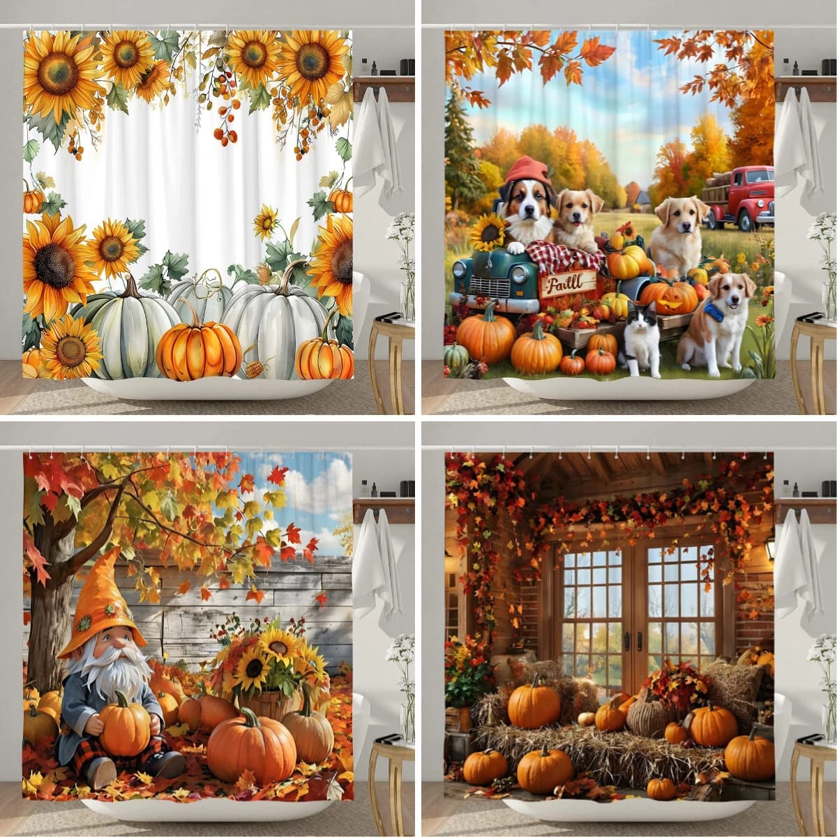 Sunflower Pumpkin Shower Curtain Thanksgiving Rustic Farm Barn Elf Cute Dog Polyester Shower Curtains Bathroom Decor with Hook