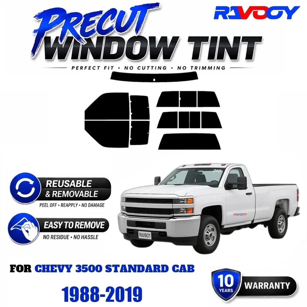 RAVOOY Precut Window Tint, Reusable Removable EPU Film, Custom Fit for Chevy 3500 Standard Cab 1988-2019, UV Heat Protection
