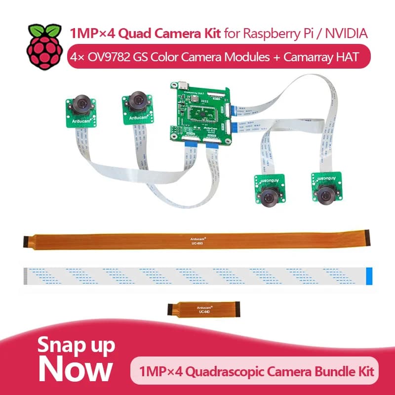 1 MP×4 quadruple camera kit with four colored modules with OV9782 global shutter and a HAT Camarray for Raspberry Pi/NVIDIA
