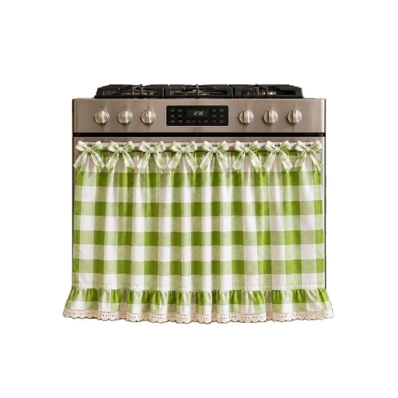 Oven Door Skirt Curtain Green and White Gingham Farmhouse Kitchen Decors Cover with Lace Ruffled Hem, 8 Tie-Top Bowties,
