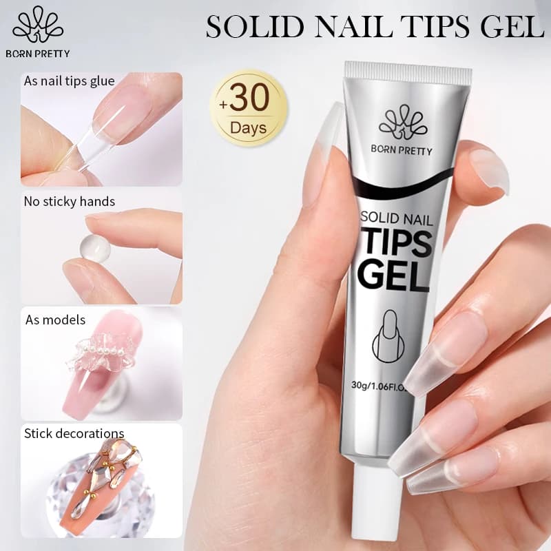 BORN PRETTY 30ML Colla solida per punte per unghie per premere sulle unghie, gel per unghie acrilico trasparente per estensione manicure, colla adesiva per unghie finte