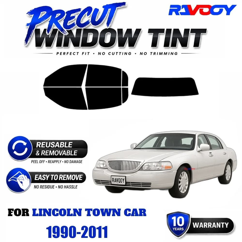RAVOOY Precut Window Tint, Reusable Removable EPU Film, Custom Fit for Lincoln Town Car 1990-2011, UV Heat Protection