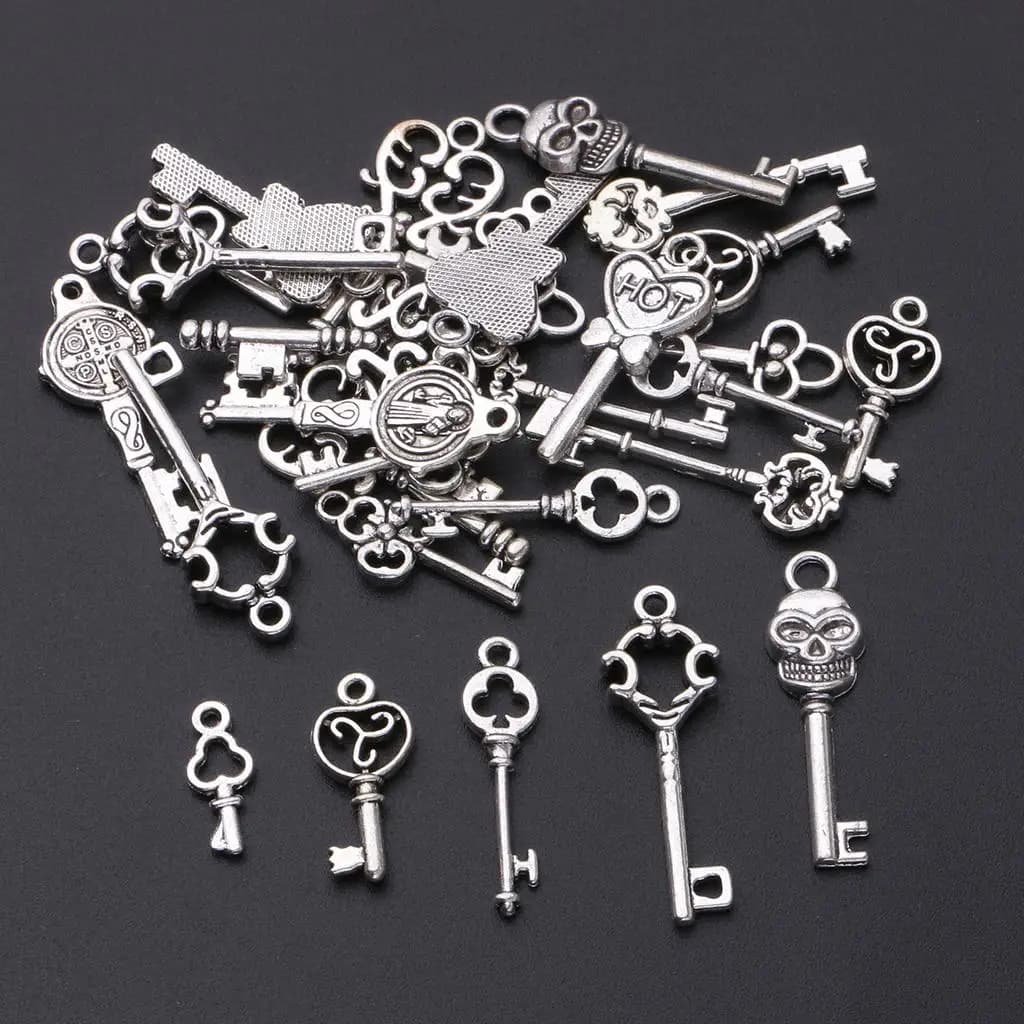 Key Shape Pendants Antique Silver perforated for Jewelry Creation, DIY Craft Supply, Necklace Accessories, Bracelets and Earrings