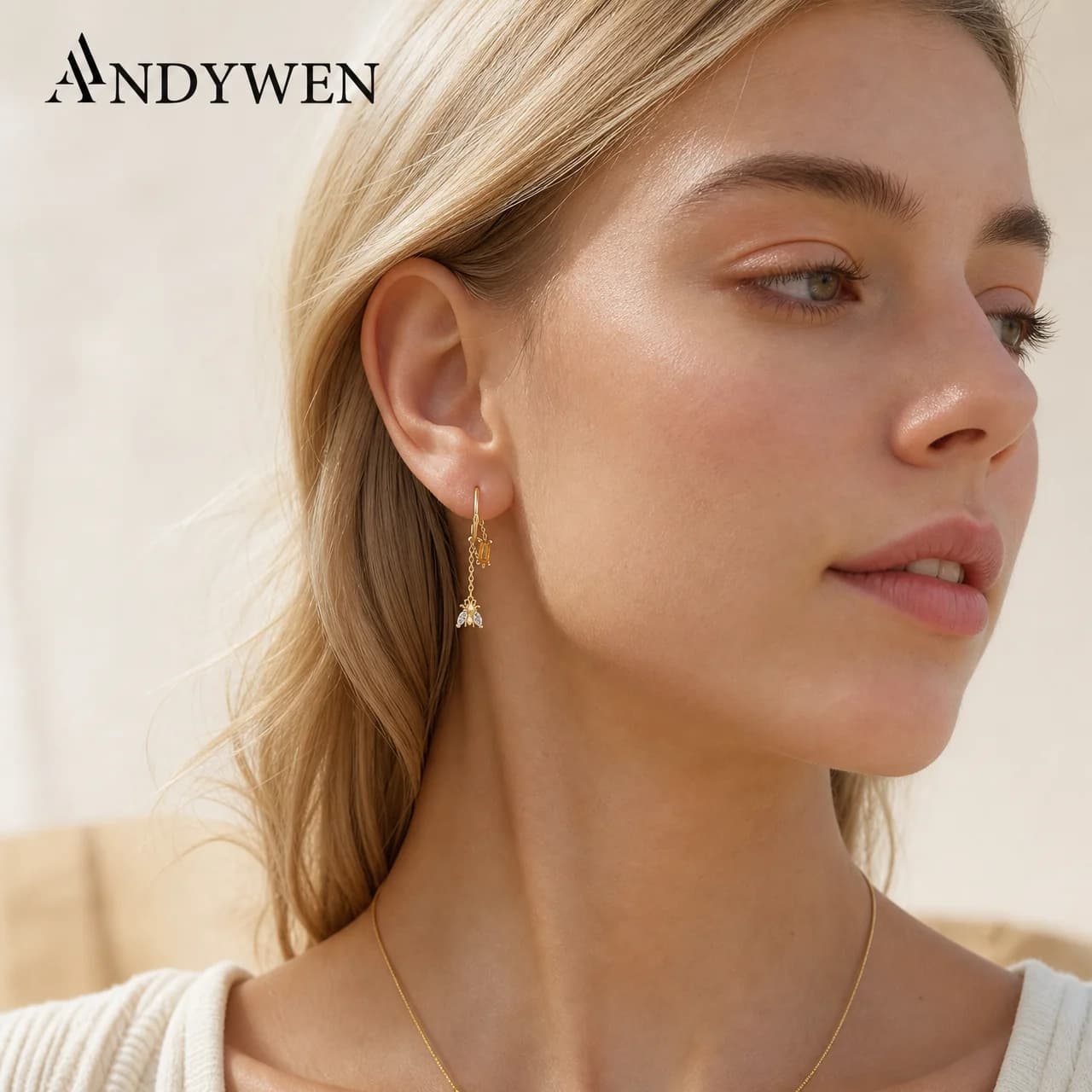 ANDYWEN 925 Sterling Silver Gold Chain Bees Honey Pendiente Piercing Drop Earring 2026 Wedding Fashion Party Jewelry For Women
