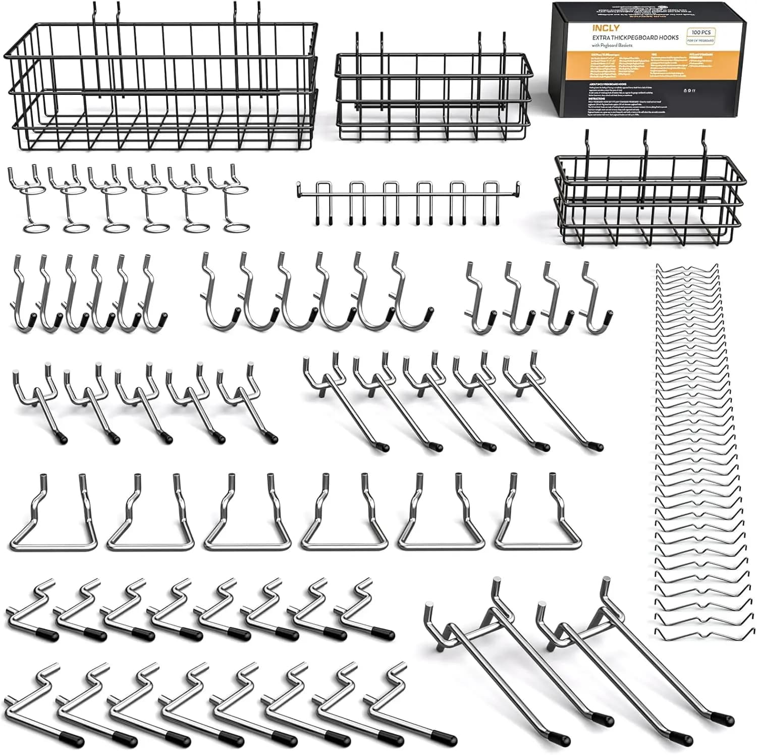 Kit di accessori per pannello forato extra spesso da 1/4 di pollice, assortimento di 100 ganci in metallo resistente per pannello forato con cestelli di 3 misure S/M/L, adatti per 1/4 I