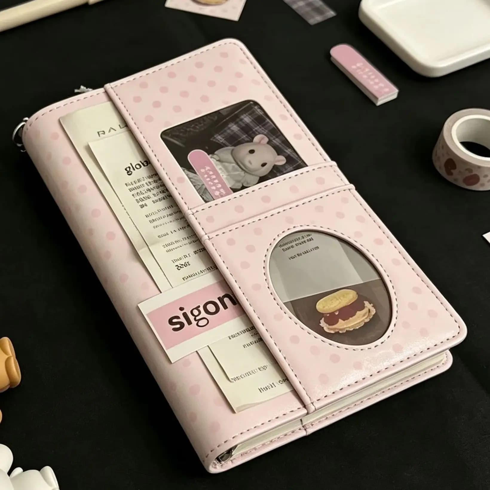 A6 Pink Polka Dot PU Loose Leaf Binder Notebook DIY Clip-on Journal Planner for Students School Stationery