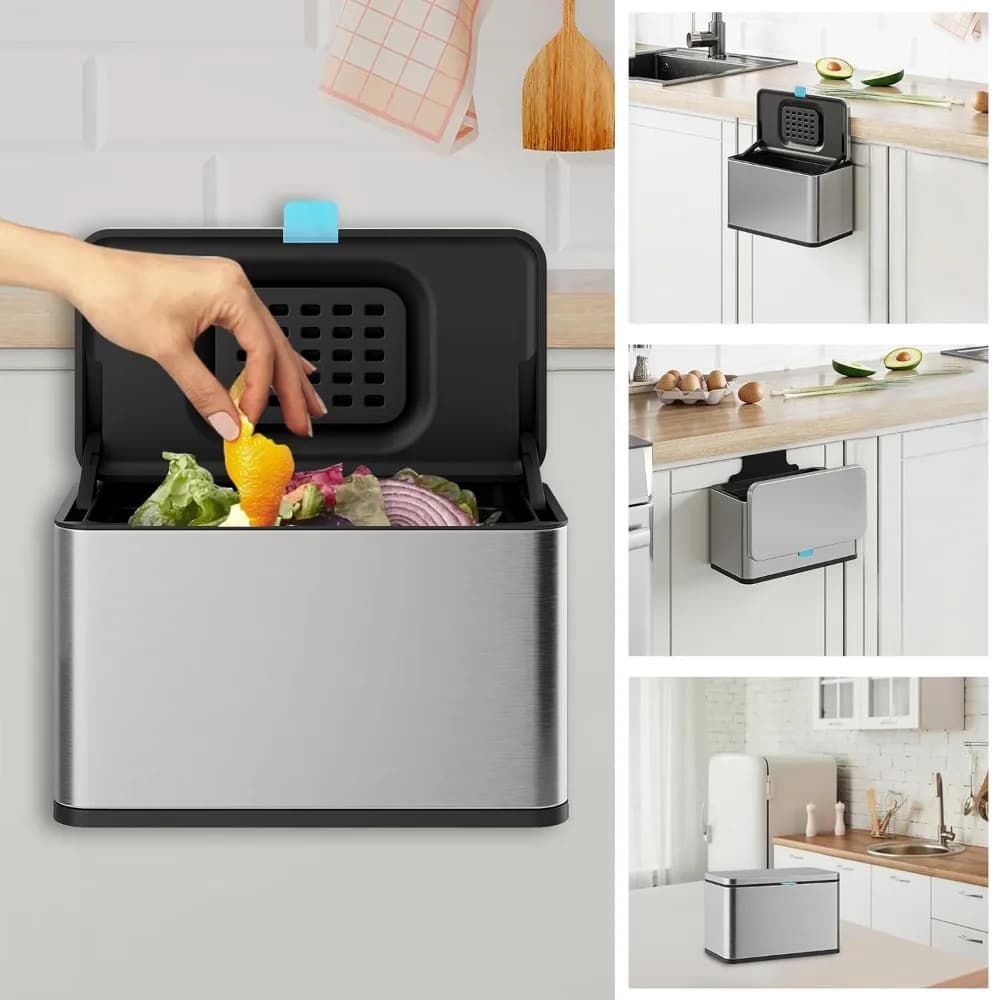 Piccolo cestino per rifiuti da appendere da 1 gallone con coperchio e secchio interno per cucina, sottolavello, montaggio a parete, contenitore per compost