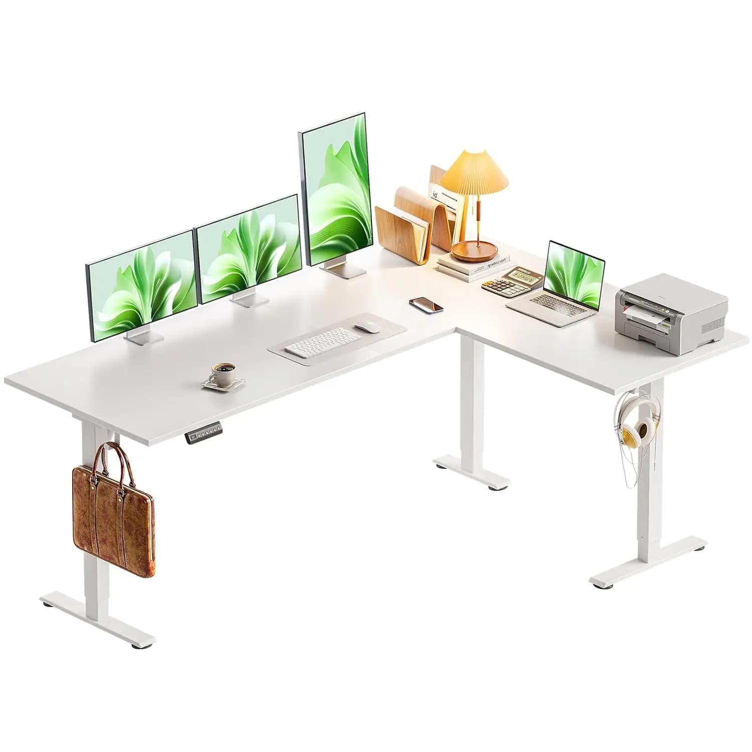 63 Inch L-Shaped Electric Standing Desk Height Adjustable Corner Workstation for Home Office Reception Room White Custom