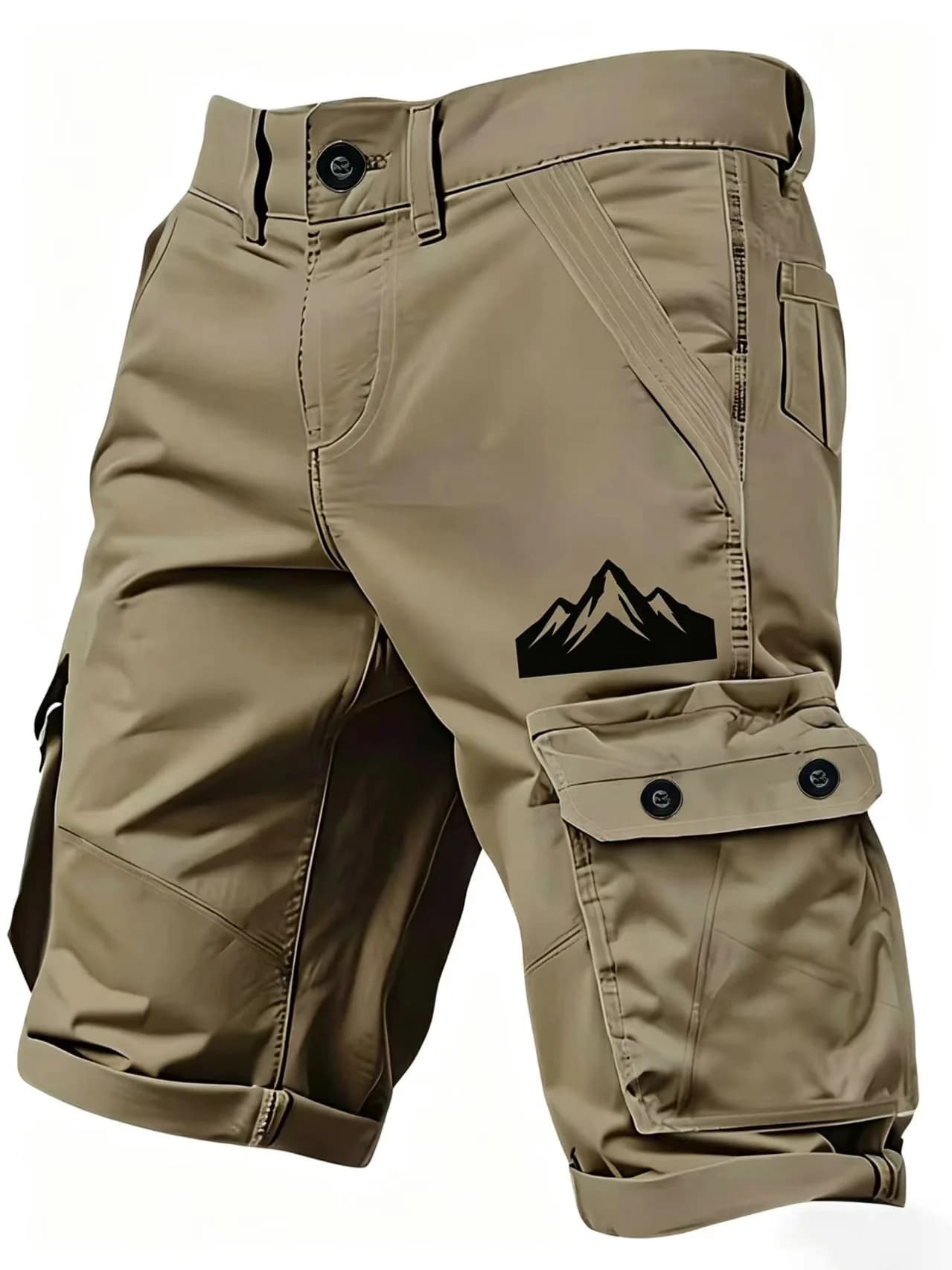Pantaloncini Cargo da Uomo con Stampa Montagna, Tasche Multifunzionali, Tessuto Non Elasticizzato, Chiusura con Cerniera, Stile Outdoor e Sopravvivenza