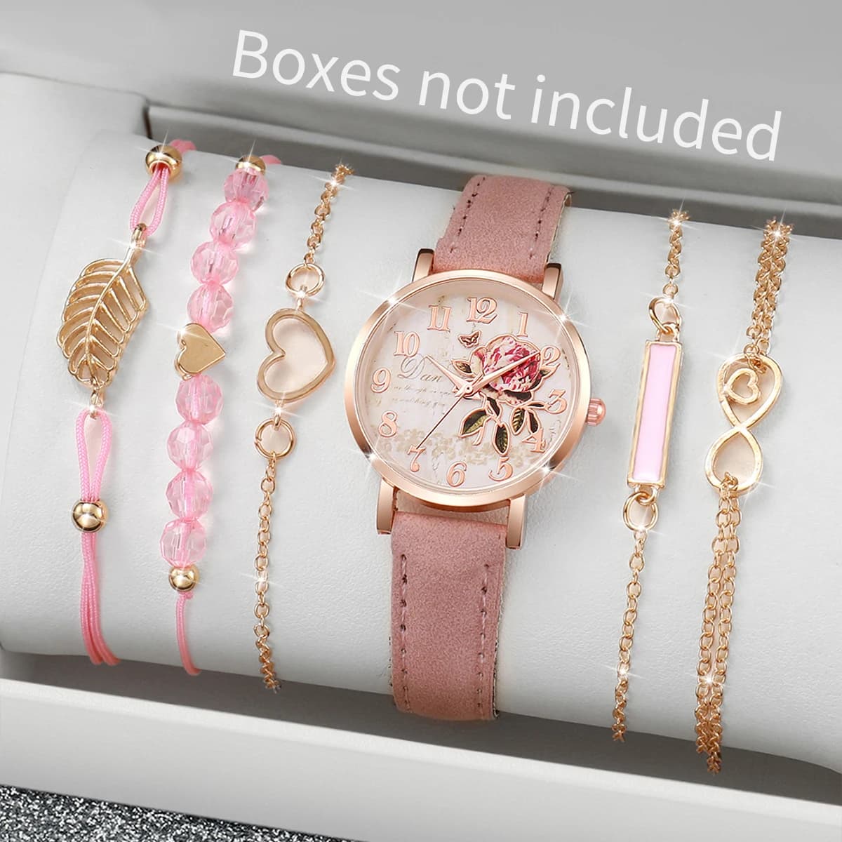 Orologio al quarzo con quadrante rosa e cinturino in pelle PU da donna, 6 pezzi/set, con set di braccialetti rosa (scatola non inclusa)
