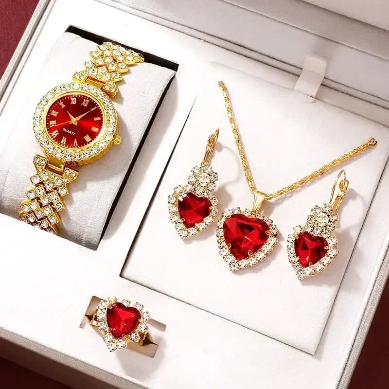 Women's Luxury Golden Ring Earring Necklace Rhinestone Fashion Wrist Watch Casual Women's Bracelet Jewelry Set