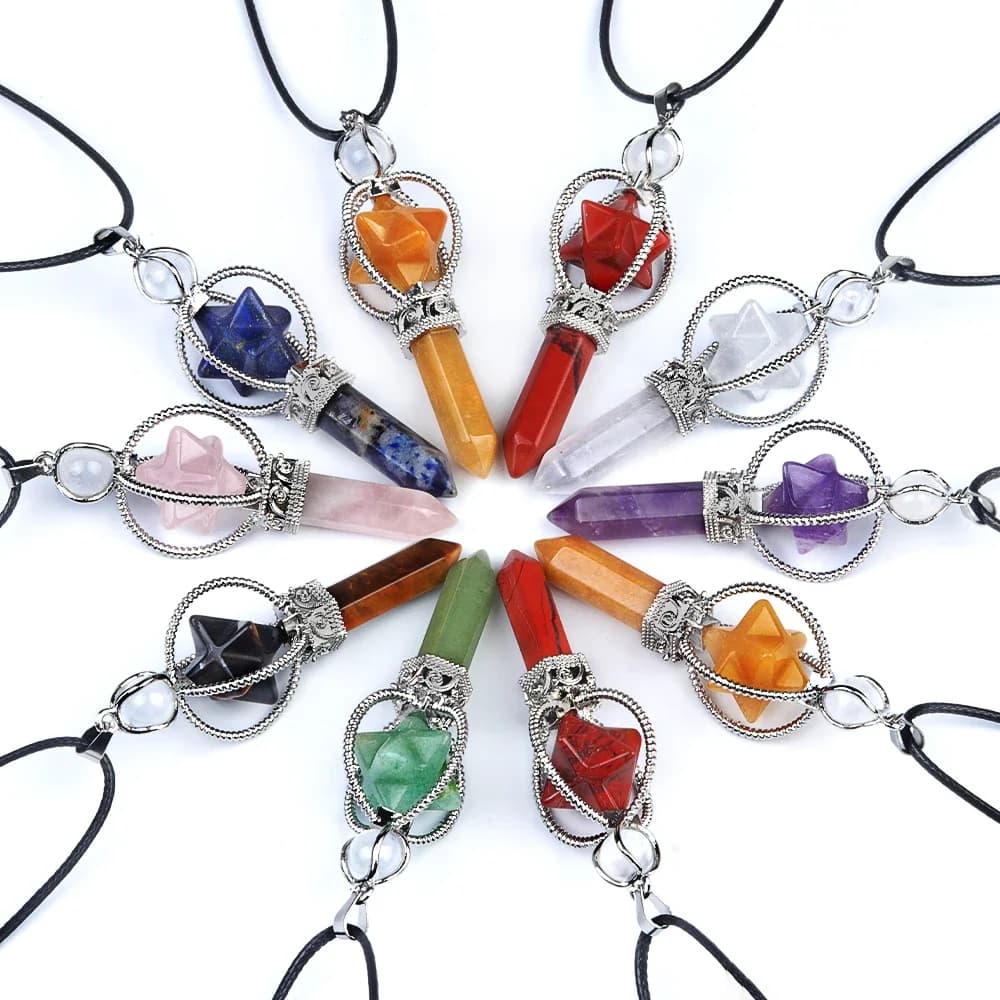 Ciondolo a Pilastro Esagonale in Pietra Naturale 27x70mm, Amuleto a Forma di Scettro, Collana con Ciondoli in Ametista, Quarzo Rosa, Occhio di Tigre per Accessori Gioielli