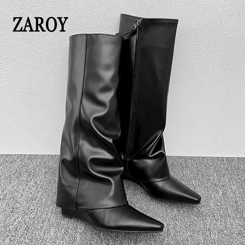 ZAROY Black PU Leather Knee High Boots Pointed Toe Wedge Heel Straight Leg Botas Folding Pleated Punk Style Banquet Long Booties