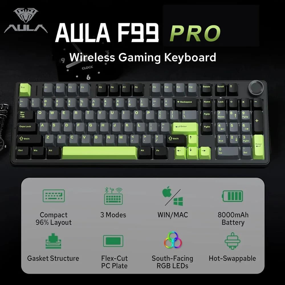 AULA F99PRO Tastiera meccanica da gioco 99 tasti Tre modalità Wireless Hot Swap Guarnizione Struttura Tastiera personalizzata con manopola multimediale