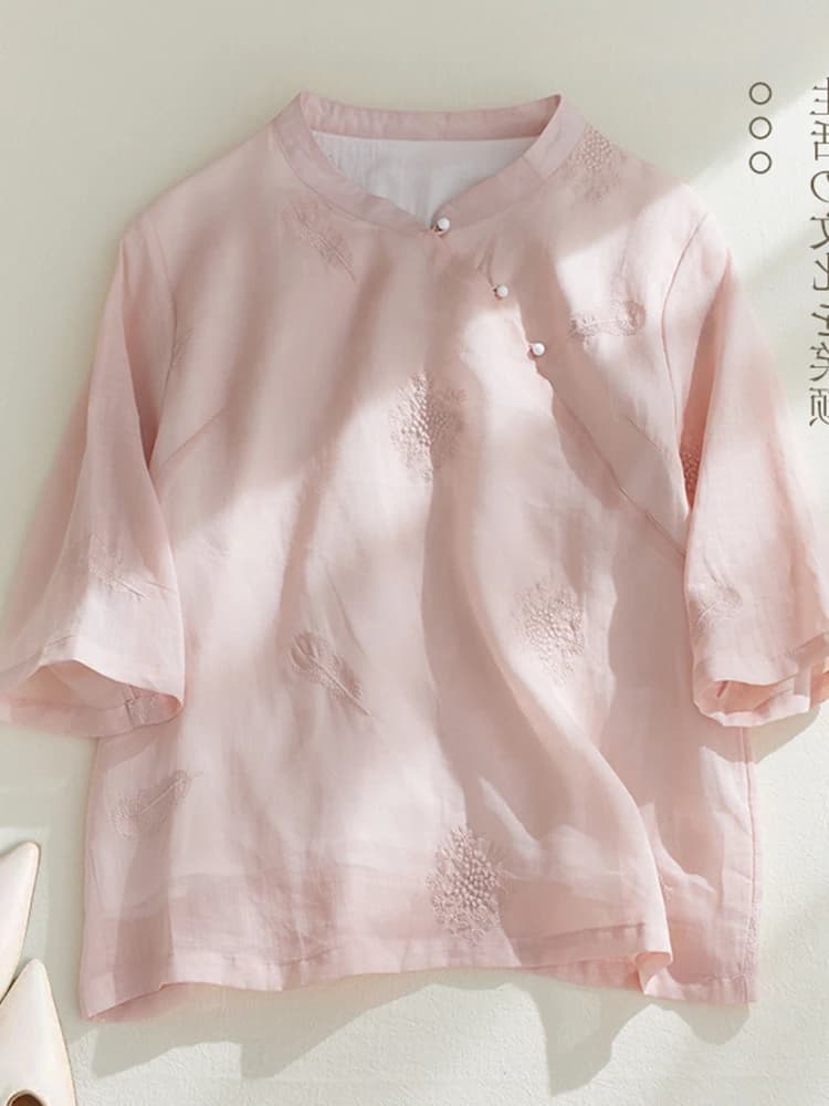 Retro Feather Embroidery Cotton Linen 7/8 Sleeve Shirt plus Size Women's Casual Tea Costume Top Thin Stand Collar Side Button