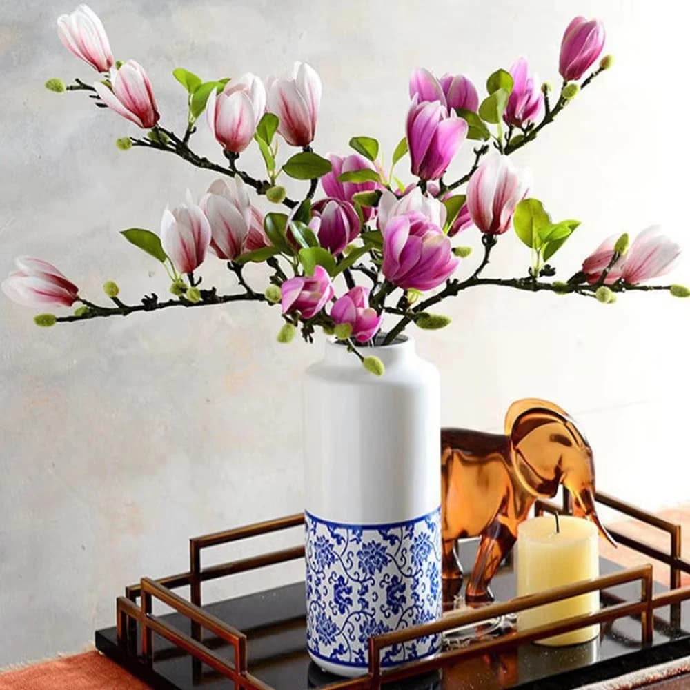 Uflower 67 cm Ramo di magnolia di seta Fiori artificiali Giardino domestico Tavolo dell'hotel Vaso Decor Puntelli per foto fai da te Decorazioni per festival di primavera