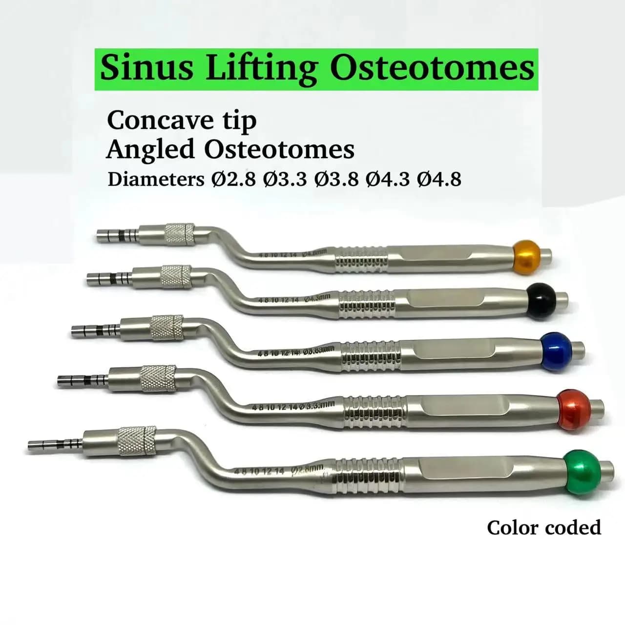 Kit di osteotomi per sollevamento seno massillare dentale da 5 pezzi, punta concava e osteotomi angolati, kit di strumenti dentali.