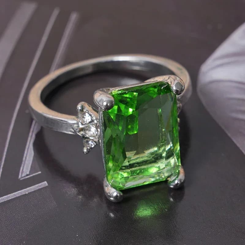 Jianjie Women's Luxury Light Rectangular Green Zircone Inlay Rings Charming Wedding Party Ladys Ring Fashion Jewelry