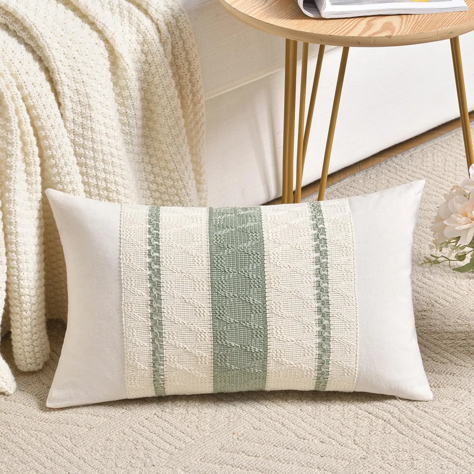 Boho 30x50CM green striped lumbar cushions, Boho rustic style decorative cushions for sofa, neutra textured pillowcase