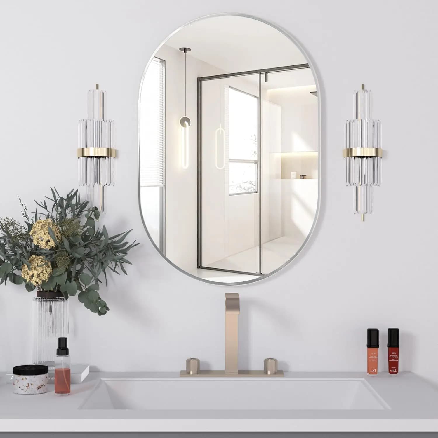 Specchio Ovale da Bagno a Parete, Specchi Ovali da 20"x30" Argento per Sopra il Lavabo, Specchio a Capsula da Parete