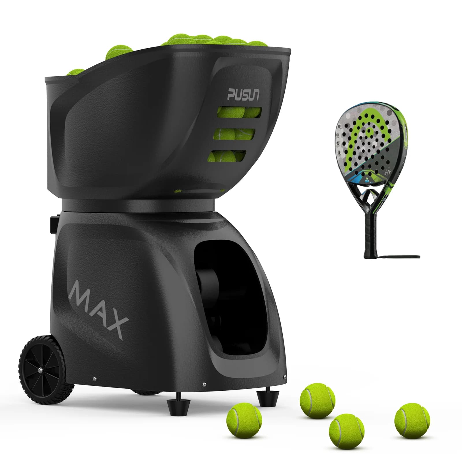 Macchina per palline da tennis PT-MAXC per allenamento professionale, capacità oltre 145 palline, controllo app, telecomando e iwatch, lavoro per padel