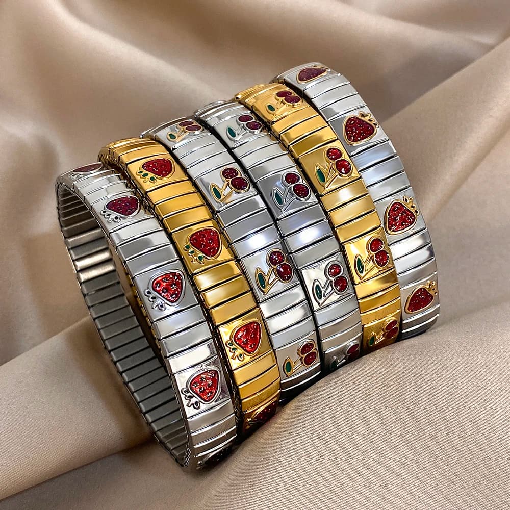 Bracciale elastico con strass rosso in acciaio inossidabile fragola ciliegia per donna uomo nuovo orologio da polso gioielli con ciondoli regolabili